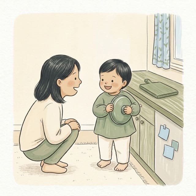 Kitchen Shape Hunt: illustration of a toddler doing the activity