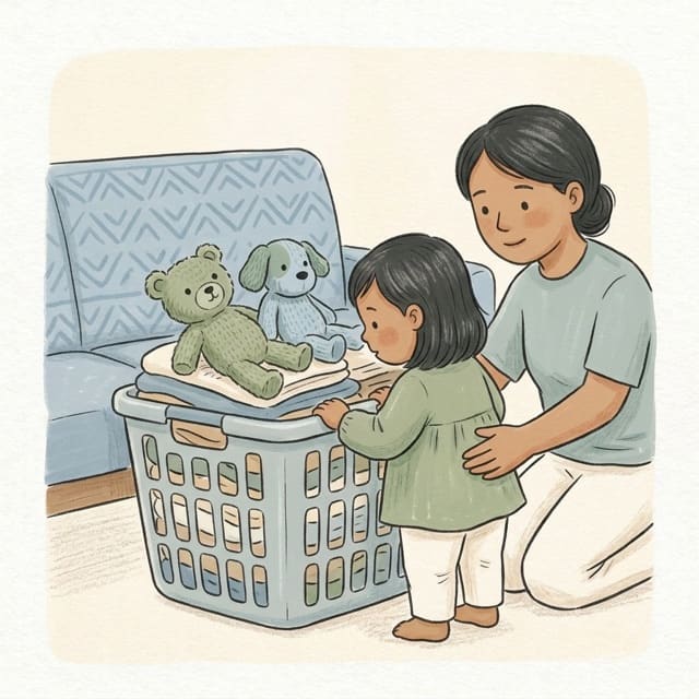 Laundry Basket Stand: illustration of a toddler doing the activity