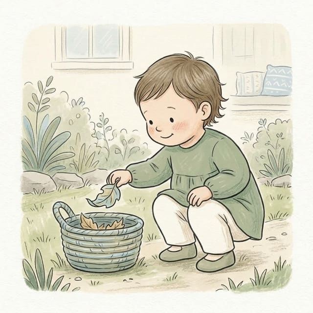Leaf Basket Walk: illustration of a toddler doing the activity
