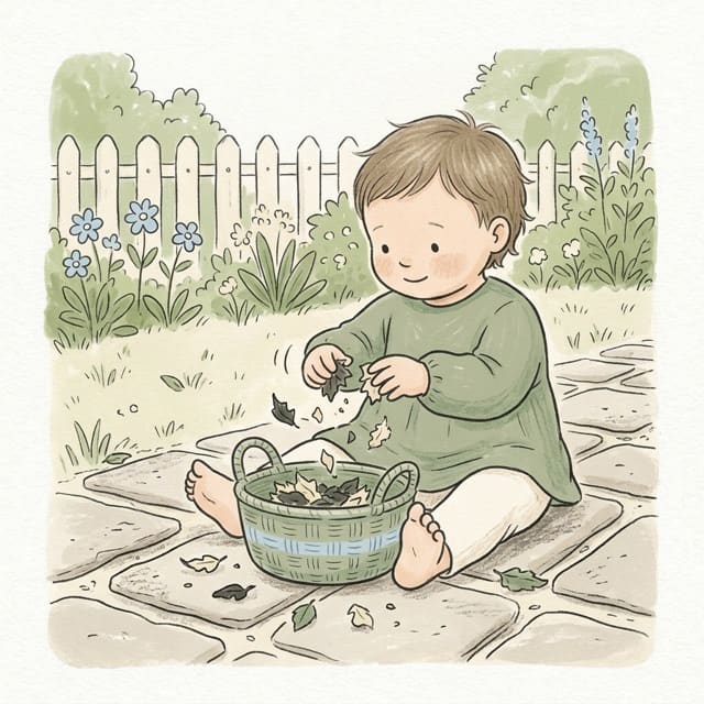 Leaf Crunch Basket: illustration of a toddler doing the activity
