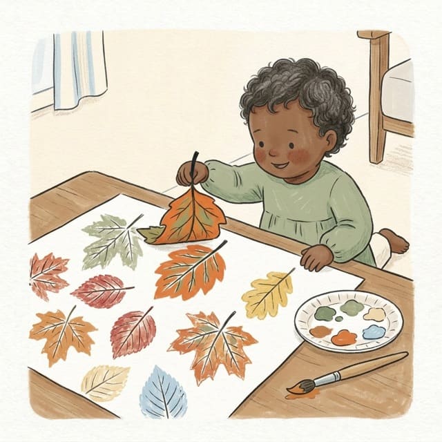 Leaf Printing: illustration of a toddler doing the activity