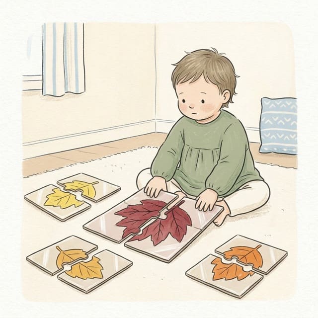 Leaf Puzzle: illustration of a toddler doing the activity