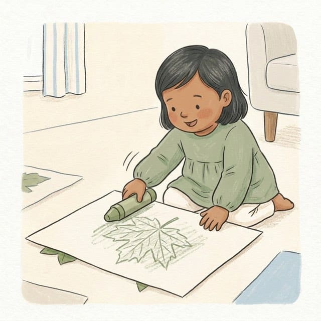 Leaf Rubbings: illustration of a toddler doing the activity