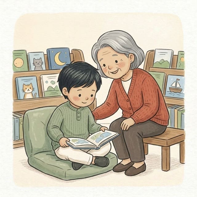 Library Book Choosing: illustration of a toddler doing the activity