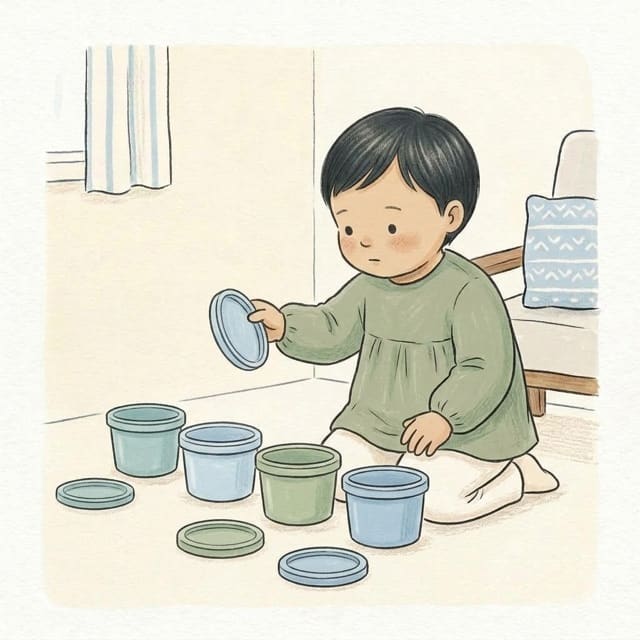 Lid Match Up: illustration of a toddler doing the activity