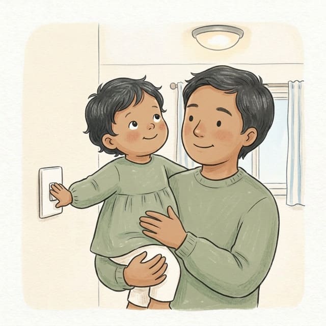 Lights On, Lights Off: illustration of a toddler doing the activity