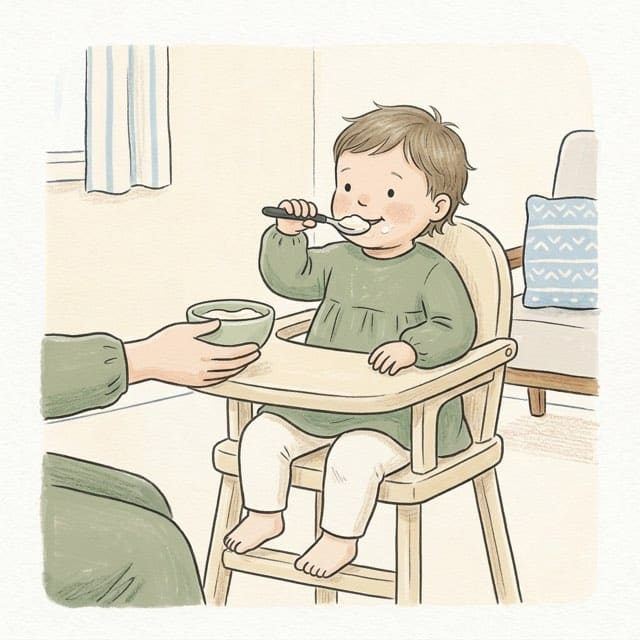 Loaded Spoon, Handed Over: illustration of a toddler doing the activity