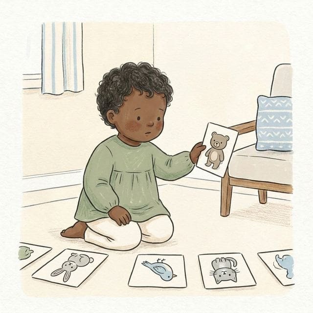 Matching Picture Cards: illustration of a toddler doing the activity