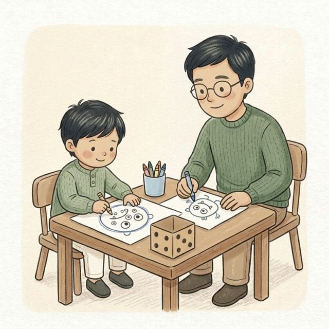 Monster Dice Drawing: illustration of a toddler doing the activity