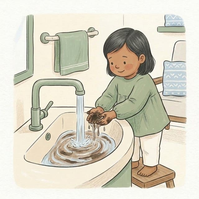 Muddy Hands: illustration of a toddler doing the activity
