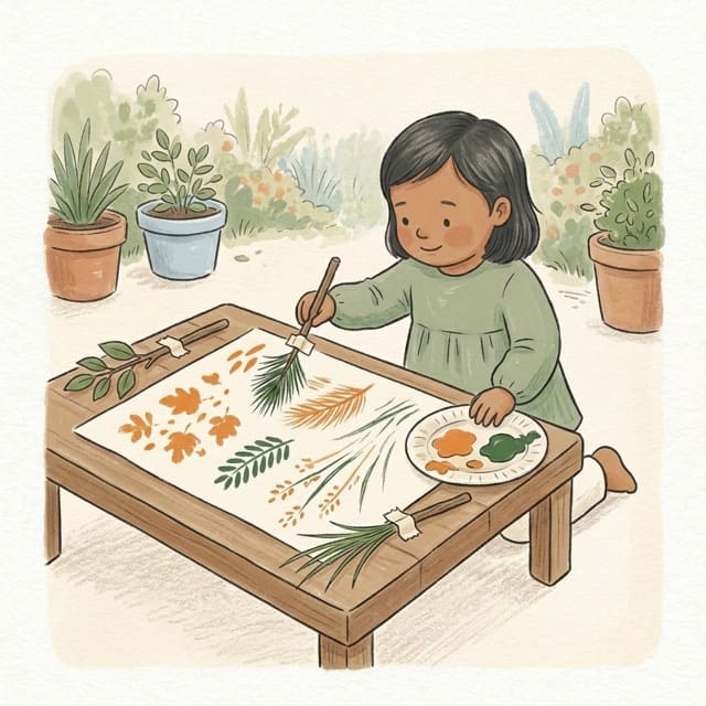 Nature Paintbrushes: illustration of a toddler doing the activity