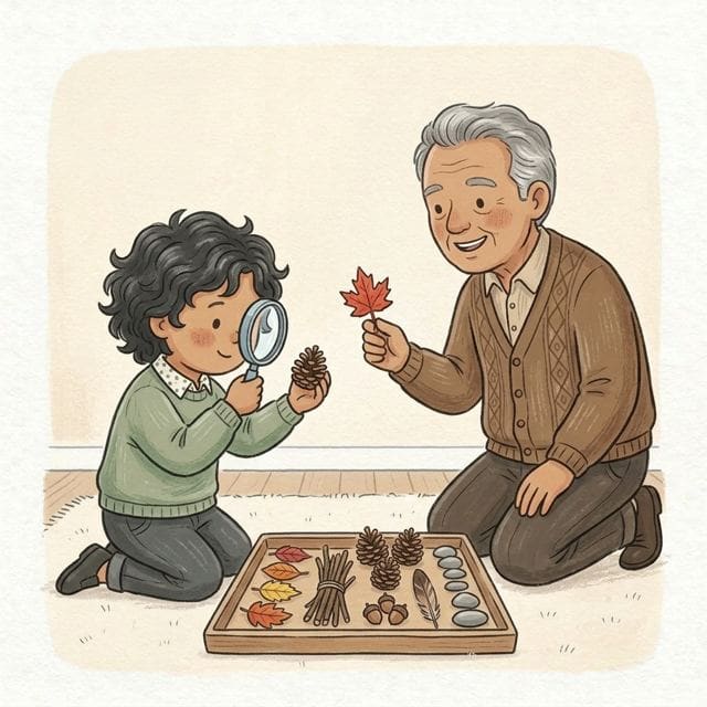 Nature Table: illustration of a toddler doing the activity