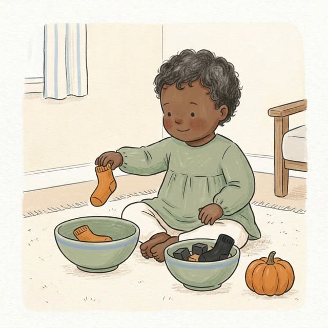 Orange and Black Sort: illustration of a toddler doing the activity