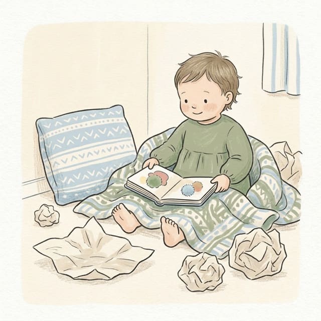 Packing Paper Nest: illustration of a toddler doing the activity