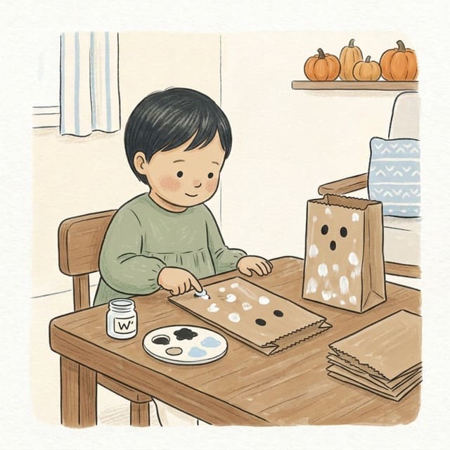 Paper Bag Ghost: illustration of a toddler doing the activity