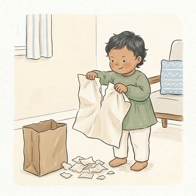 Paper Bag Tear and Stuff: illustration of a toddler doing the activity