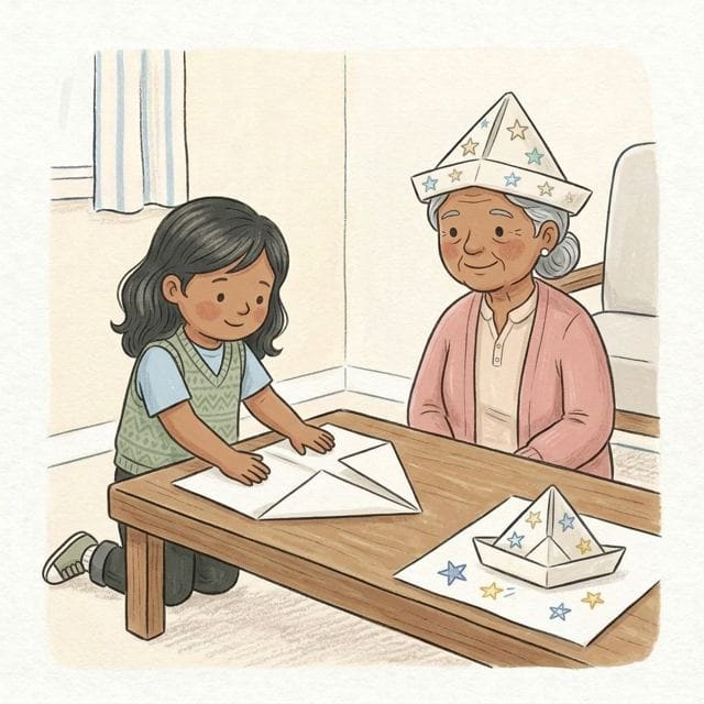 Paper Hat Folding: illustration of a toddler doing the activity