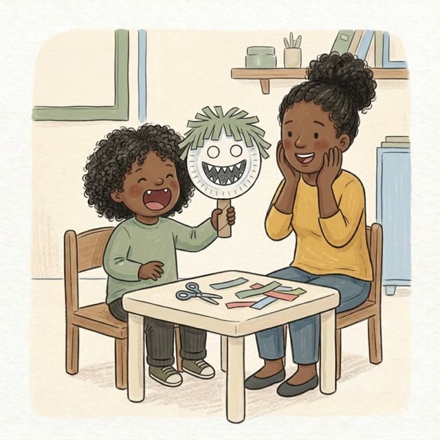 Paper Plate Monster Mask: illustration of a toddler doing the activity