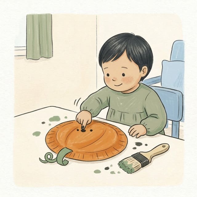 Paper Plate Pumpkin: illustration of a toddler doing the activity