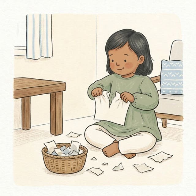 Paper Tear Basket: illustration of a toddler doing the activity