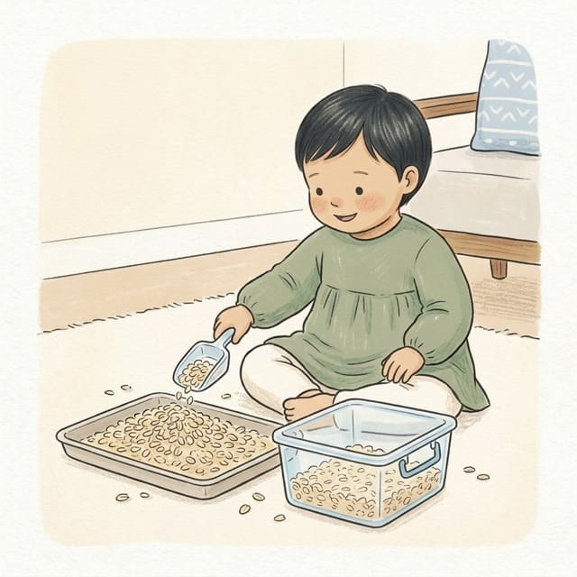 Oat Tub Fill: illustration of a toddler doing the activity