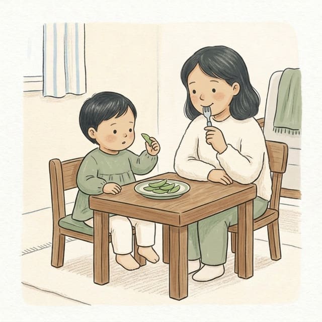 Pea Picking Plate: illustration of a toddler doing the activity