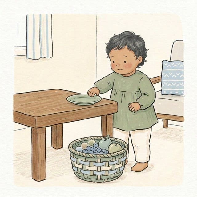 Pick a Fruit and Bring It: illustration of a toddler doing the activity