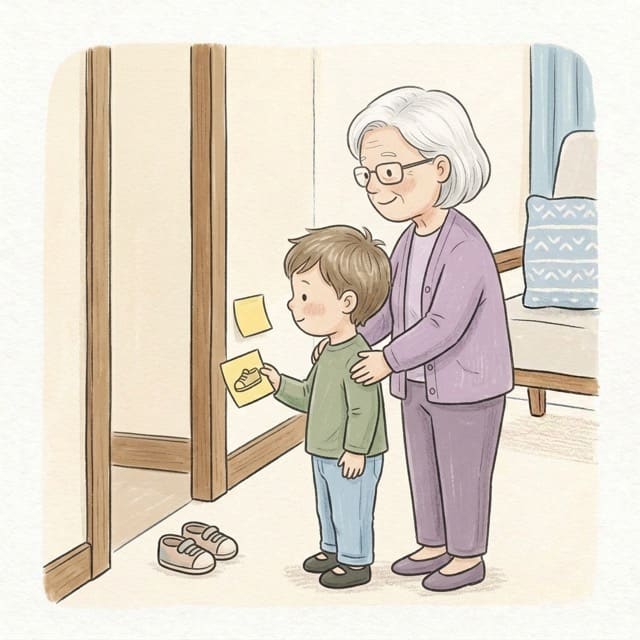 Picture Clue Treasure Hunt: illustration of a toddler doing the activity