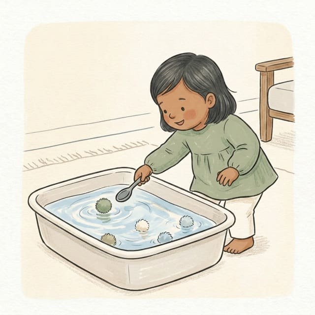 Pom-Pom Water Scoop: illustration of a toddler doing the activity
