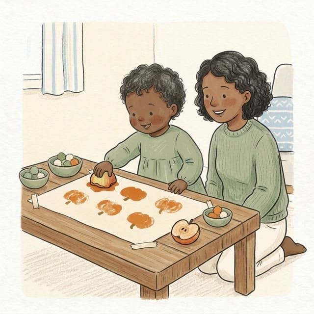 Pumpkin Stamp Painting: illustration of a toddler doing the activity
