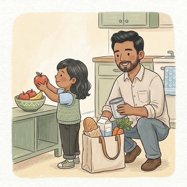 Put the Shopping Away: illustration of a toddler doing the activity