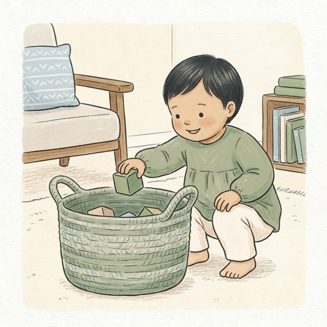Put Toys in the Bin: illustration of a toddler doing the activity