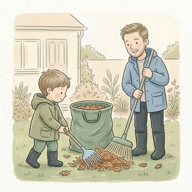 Rake the Leaves: illustration of a toddler doing the activity