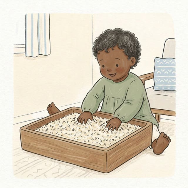 Rice Bin Dig: illustration of a toddler doing the activity