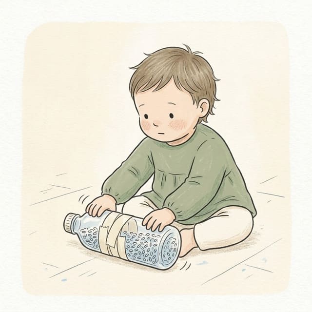 Rice Bottle Roll: illustration of a toddler doing the activity