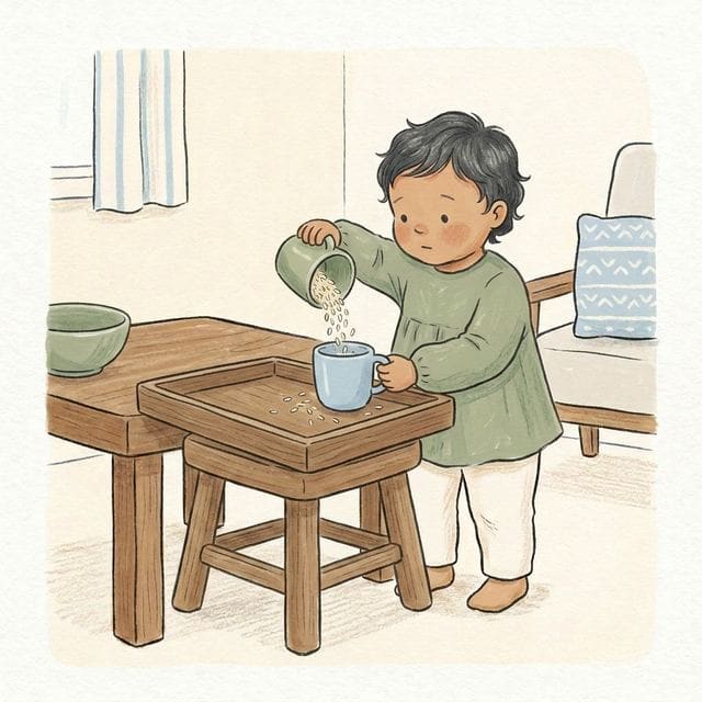 Rice Scoop And Pour: illustration of a toddler doing the activity