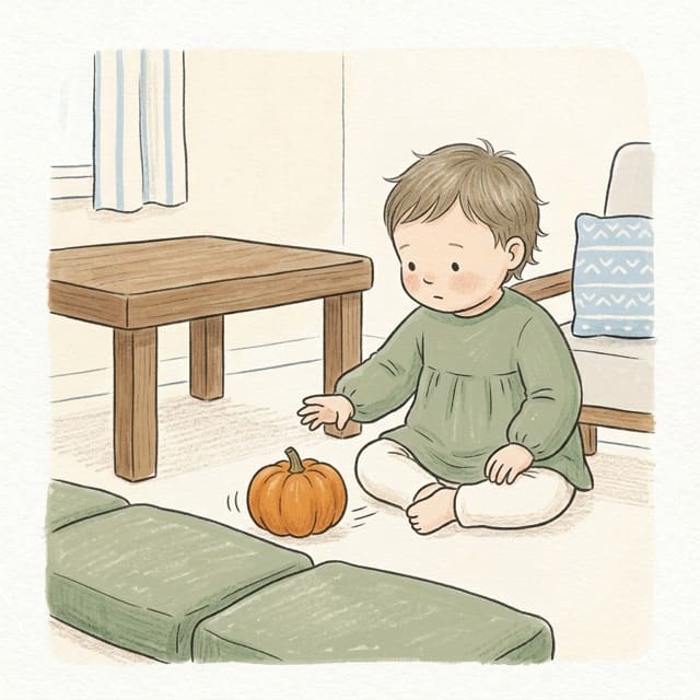 Roll the Pumpkin: illustration of a toddler doing the activity