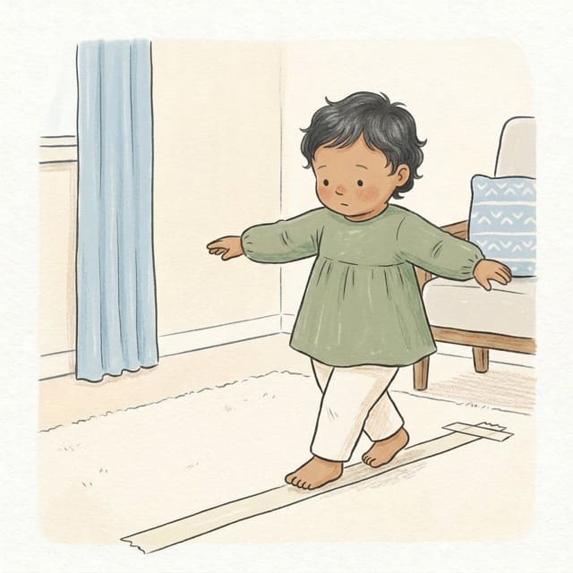 Rope Line Balance Walk: illustration of a toddler doing the activity