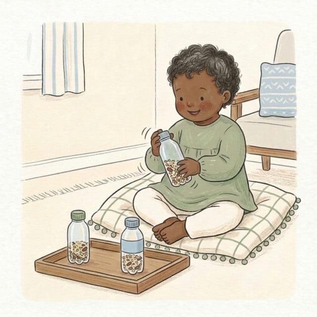 Shaker Bottle Symphony: illustration of a toddler doing the activity