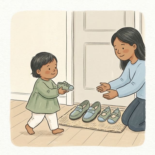Shoes by the Door: illustration of a toddler doing the activity