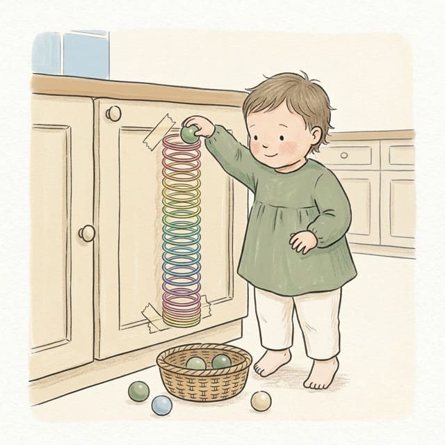 Slinky Ball Drop: illustration of a toddler doing the activity