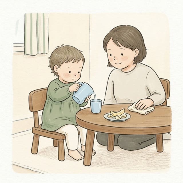 Snack Time Pourer: illustration of a toddler doing the activity