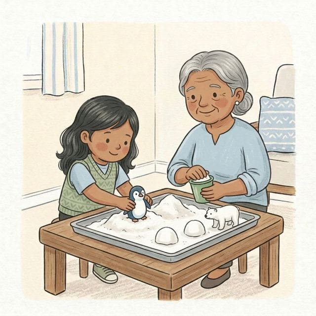 Snow Dough World: illustration of a toddler doing the activity