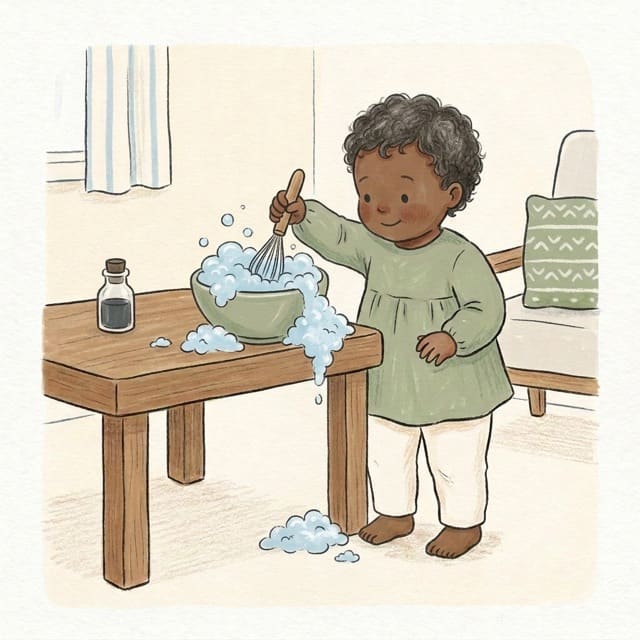 Soapy Whisk Bubbles: illustration of a toddler doing the activity