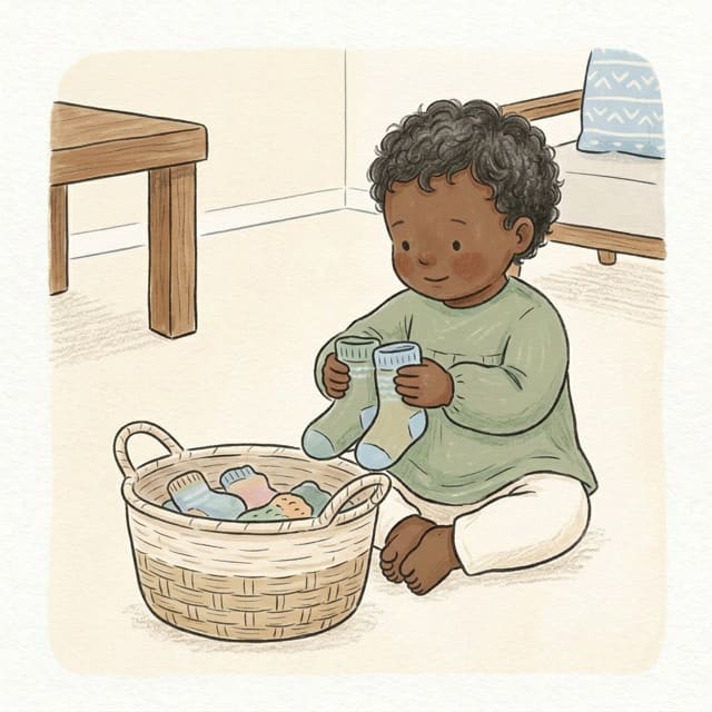 Sock Pairing Basket: illustration of a toddler doing the activity