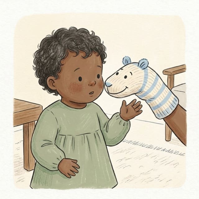 Sock Puppet Hush: illustration of a toddler doing the activity