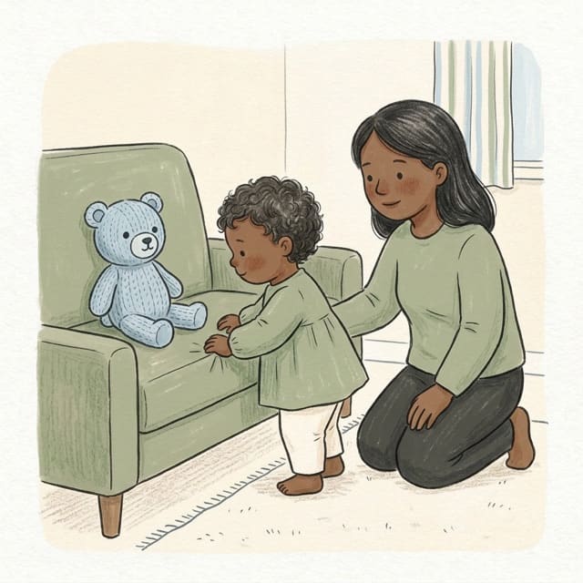 Sofa Toy Rescue: illustration of a toddler doing the activity