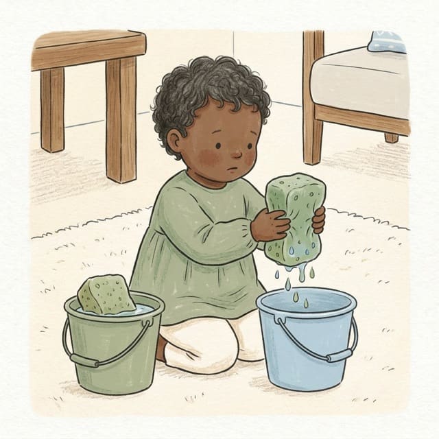 Sponge Squeeze Bucket Transfer: illustration of a toddler doing the activity