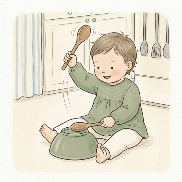Spoon Drum Beat: illustration of a toddler doing the activity