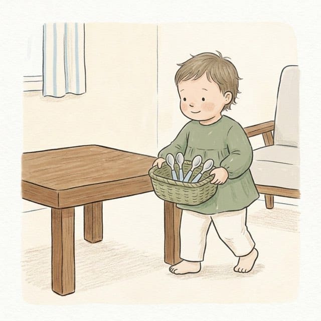 Spoons in a Basket: illustration of a toddler doing the activity